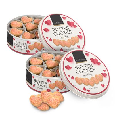 Mattigan&#39;s Pink Heart Butter Cookies Danish Style Cookie, 12 Oz Tin 2-Pack, Gourmet Gifts for Birthday, Special Occasions, Assorted Cookie Dessert Sweets, Two Reusable Metal Tin