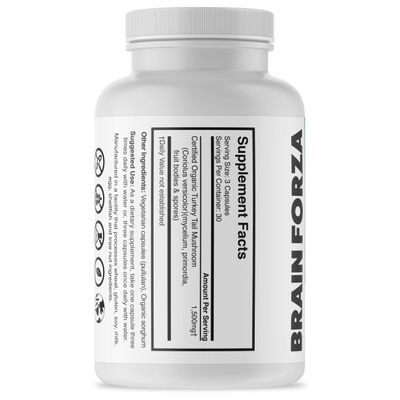 Brain Forza Organic Turkey Tail Mushroom Capsules, Mushroom Powdered Immune Support, Liver and Digest Health Support, Organic Defense Support, Non-GMO, Vegan, Organic, 90 Capsules
