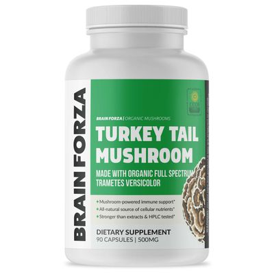 Brain Forza Organic Turkey Tail Mushroom Capsules, Mushroom Powdered Immune Support, Liver and Digest Health Support, Organic Defense Support, Non-GMO, Vegan, Organic, 90 Capsules