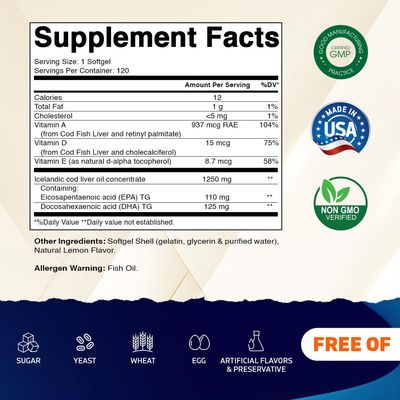 Vitamatic 2 Pack Icelandic Cod Liver Oil Capsules 1250mg 120 Softgels Lemon Flavor - Promotes Cardiovascular Health