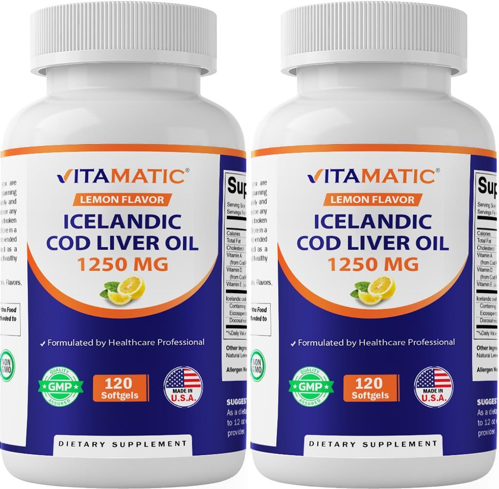 Vitamatic 2 Pack Icelandic Cod Liver Oil Capsules 1250mg 120 Softgels Lemon Flavor - Promotes Cardiovascular Health