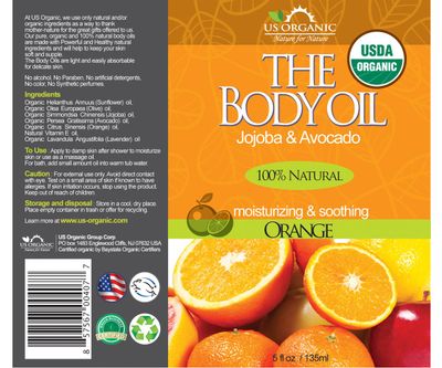 US Organic Body Oil - Fresh Orange - Jojoba and Avocado Oil with Vitamin E, USDA Certified Organic, No Alcohol, Paraben, Artificial Detergents, Color or Synthetic perfumes, 5 Fl.oz. Orange