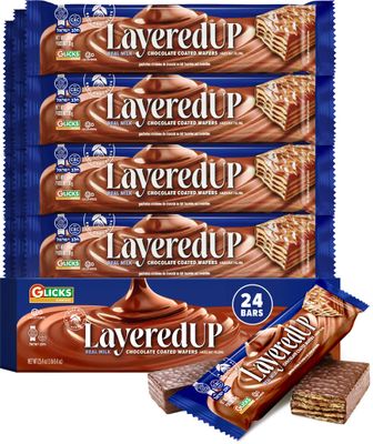 LayeredUp Wafer Cookies, Rich Milk Chocolate Coated Wafers, 24 Pack Light &amp; Crunchy Individually Wrapped Snack Bars Cholov Yisroel