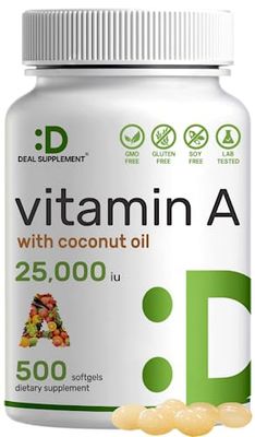 DEAL SUPPLEMENT High Potency Vitamin A 25000 IU, 500 Coconut Oil Softgels Easily Absorbed, Natural Fish Liver Oil Source - Vitamins for Eye, Immune, &amp; Skin Health - Easy to Swallow, Non-GMO