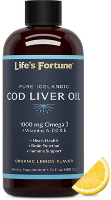 Life&#39;s Fortune Organic Cod Liver Oil Liquid Lemon Flavor Supplement - High Potency Fish Oil Omega 3 DHA &amp; EPA, Vitamin A, E &amp; D3 - Immune Health, Joints, GMO Free, 1000 mg 16 Oz