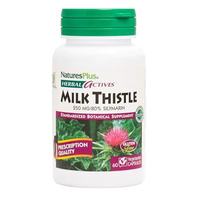 Natures Plus Herbal Actives Milk Thistle - 250 mg, 80 Silymarin, 60 Vegan Capsules - Vegetarian, Gluten-Free - 60 Servings