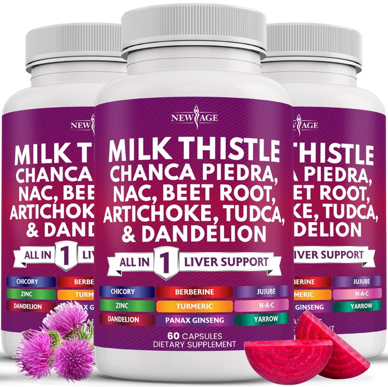 NEW AGE Milk Thistle NAC Chanca Piedra Beet Root Artichoke Dandelion Root Astragalus - Plus TUDCA &amp; Ginger - 180 Count