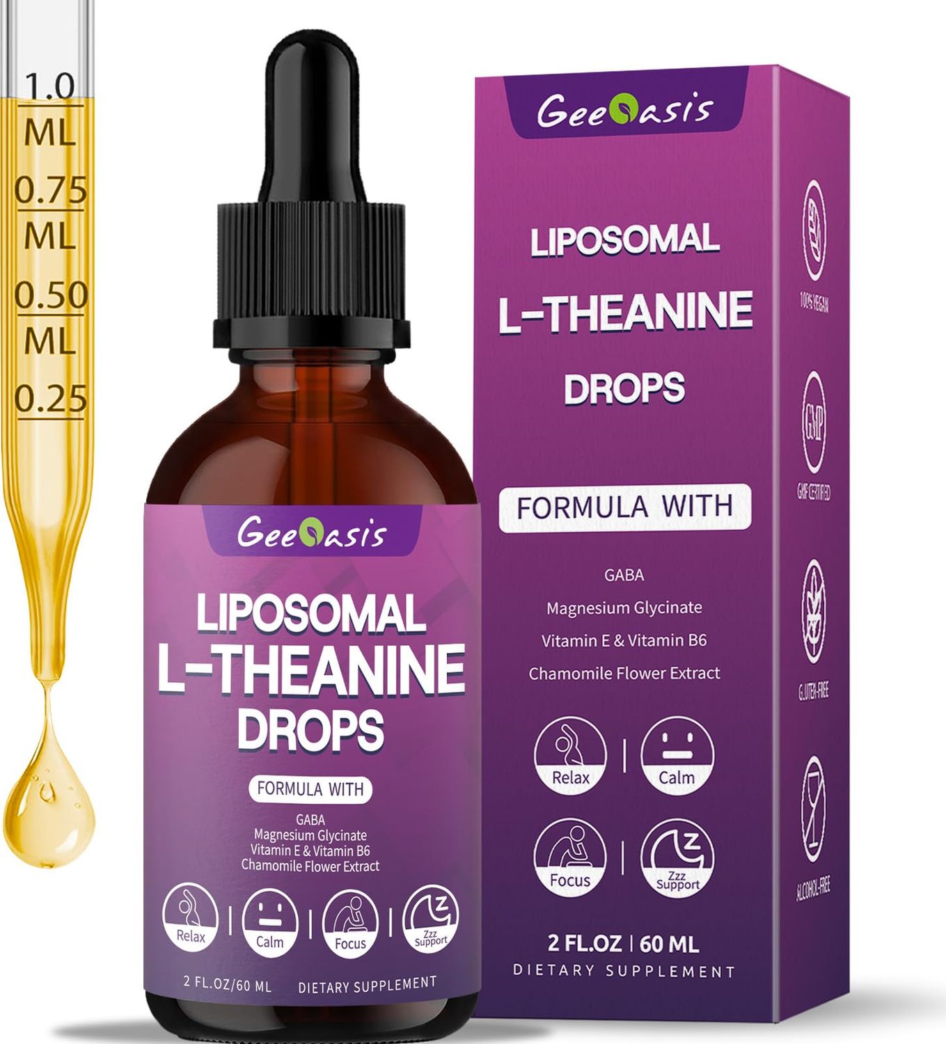 Liposomal L-Theanine with GABA Liquid Drops, Theanine 400 mg Supplement for Kids &amp; Adults, with Magnesium Glycinate, Chamomile Flower, Vitamin E &amp; B6, Stress Relief, zzZ &amp; Relaxation Support, 2 FL OZ