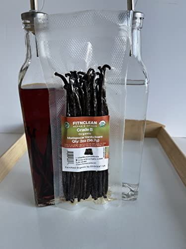 2oz Grade B Organic Madagascar Vanilla Beans for extract. Certified USDA Organic. 5-7 by FITNCLEAN VANILLA Whole NON-GMO Pods for Paste and Baking.