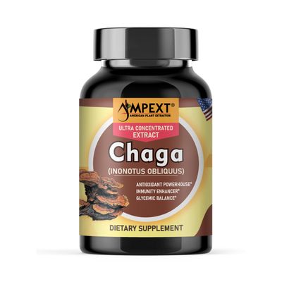 AMPEXT Chaga Premium Quality Fruiting Bodies Extract, More Than 30 Beta-Glucans, Antioxidant Powerhouse, Energy Boost, Liver Support, 90 ct