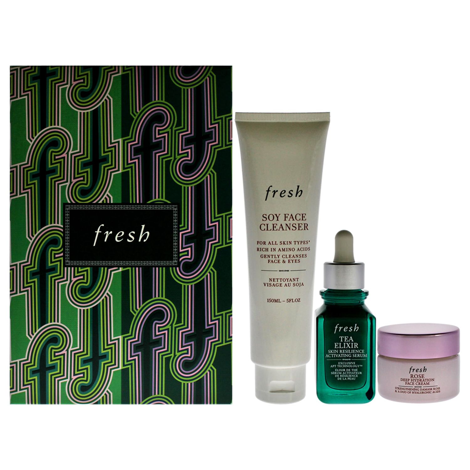 Fresh Resilient Hidrated Skin Trio for Women - 3 Pc 5oz Soy Face Cleanser, 1oz Elixir Skin Resilience Activating Serum - Tea, 0.5oz Deep Hidration Face Cream - Rose