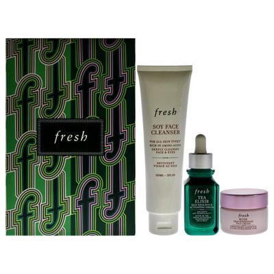 Fresh Resilient Hidrated Skin Trio for Women - 3 Pc 5oz Soy Face Cleanser, 1oz Elixir Skin Resilience Activating Serum - Tea, 0.5oz Deep Hidration Face Cream - Rose