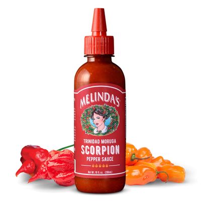 Melindas Scorpion Pepper Hot Sauce - Gourmet Scorpion Hot Sauce - Made with Trinidad Moruga Pepper, Carrots, Onion &amp; Lime Juice - Keto, Vegan, Gluten Free - 10oz Squeeze, 1 Pack