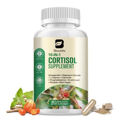B BEWORTHS Cortisol Supplements for Women, 10-in-1 Cortisol Reducer Manager Supplements with Ashwagandha, Magnesium Glycinate, L-Theanine, Rhodiola, Non-GMO, 60 Vegan Capsules