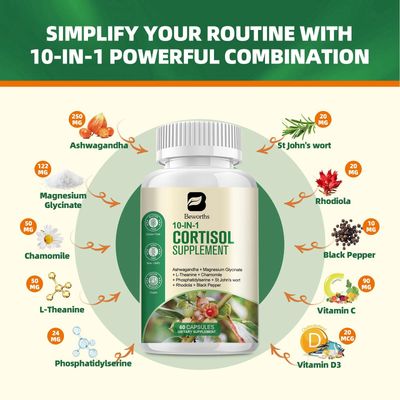 B BEWORTHS Cortisol Supplements for Women, 10-in-1 Cortisol Reducer Manager Supplements with Ashwagandha, Magnesium Glycinate, L-Theanine, Rhodiola, Non-GMO, 60 Vegan Capsules