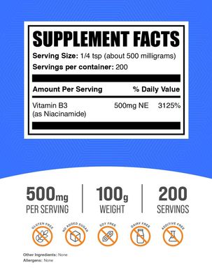 BulkSupplements.com Niacinamide Powder - Vitamin B3 Powder, Niacinamide Supplement, Niacinamide 500mg - B3 Vitamins for Skin, Gluten Free, 500mg per Serving, 100g 3.5 oz Pack of 1