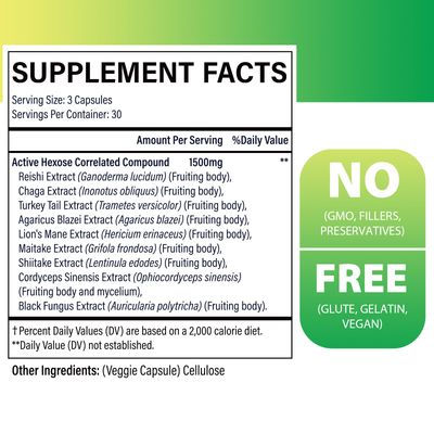 Active Hexose Correlated Compound 1500 mg Supplement, Natural 8 Mushroom Extract Supplement, Immune System, Liver Function, Natural Killer and T Cells Activity, 180 Veggie Capsules