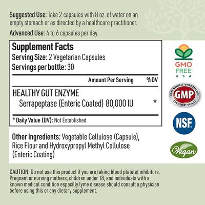 Serrapeptase Pure Digestive Enzymes Enteric Coated - Premium Healthy Gut Protection & Liver Support - Non-GMO, Vegan Liver Supplement for Gut Health. Digestive Enzymes & Tissue Support 60 Caps