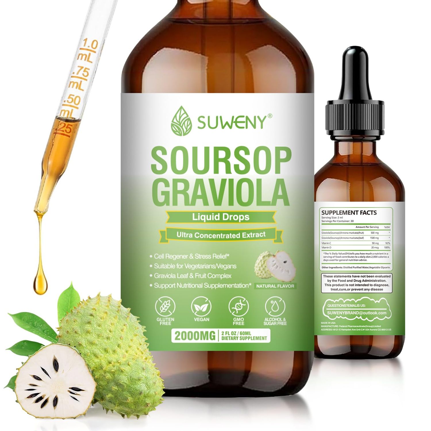 SUWENY Organic Soursop Graviola Liquid Drops 2000mg Natural Leaf Extract for Cell Support, Antioxidant &amp; Immune Health Boost Non-GMO, Vegan Friendly Natural Flavor 1
