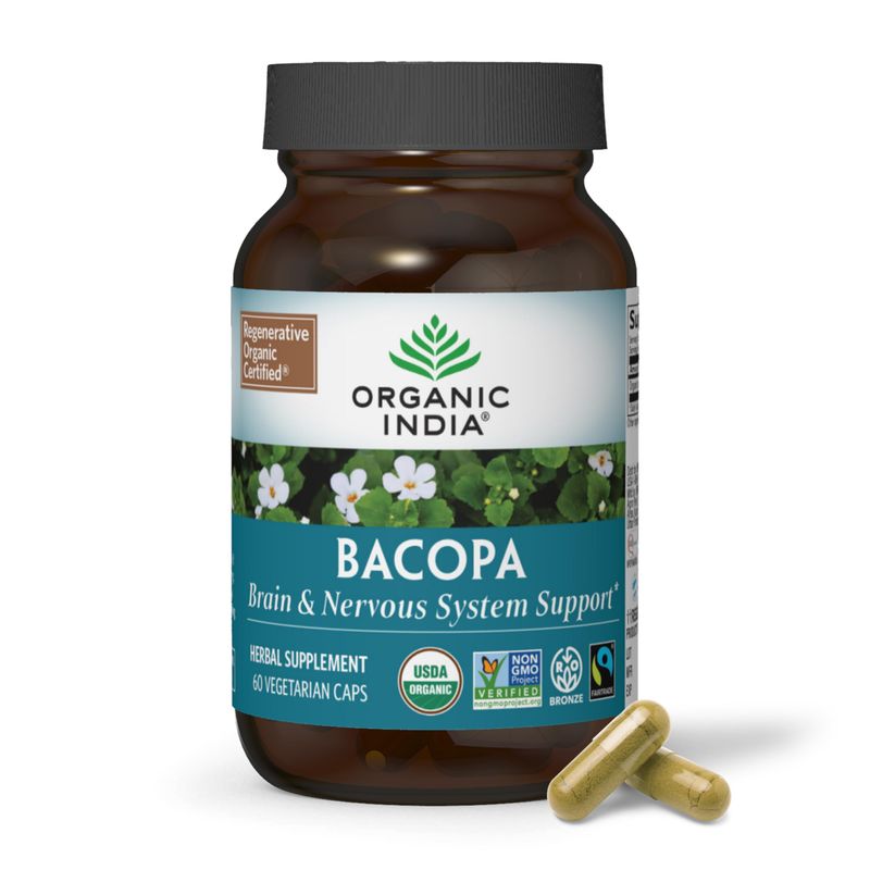 ORGANIC INDIA Bacopa Supplement - Bacopa Monnieri Organic, Brain, Focus, &amp; Memory Support for Women &amp; Men, Ayurvedic Herbs, Non GMO, Fairtrade Certified - 60 Vegan Capsules