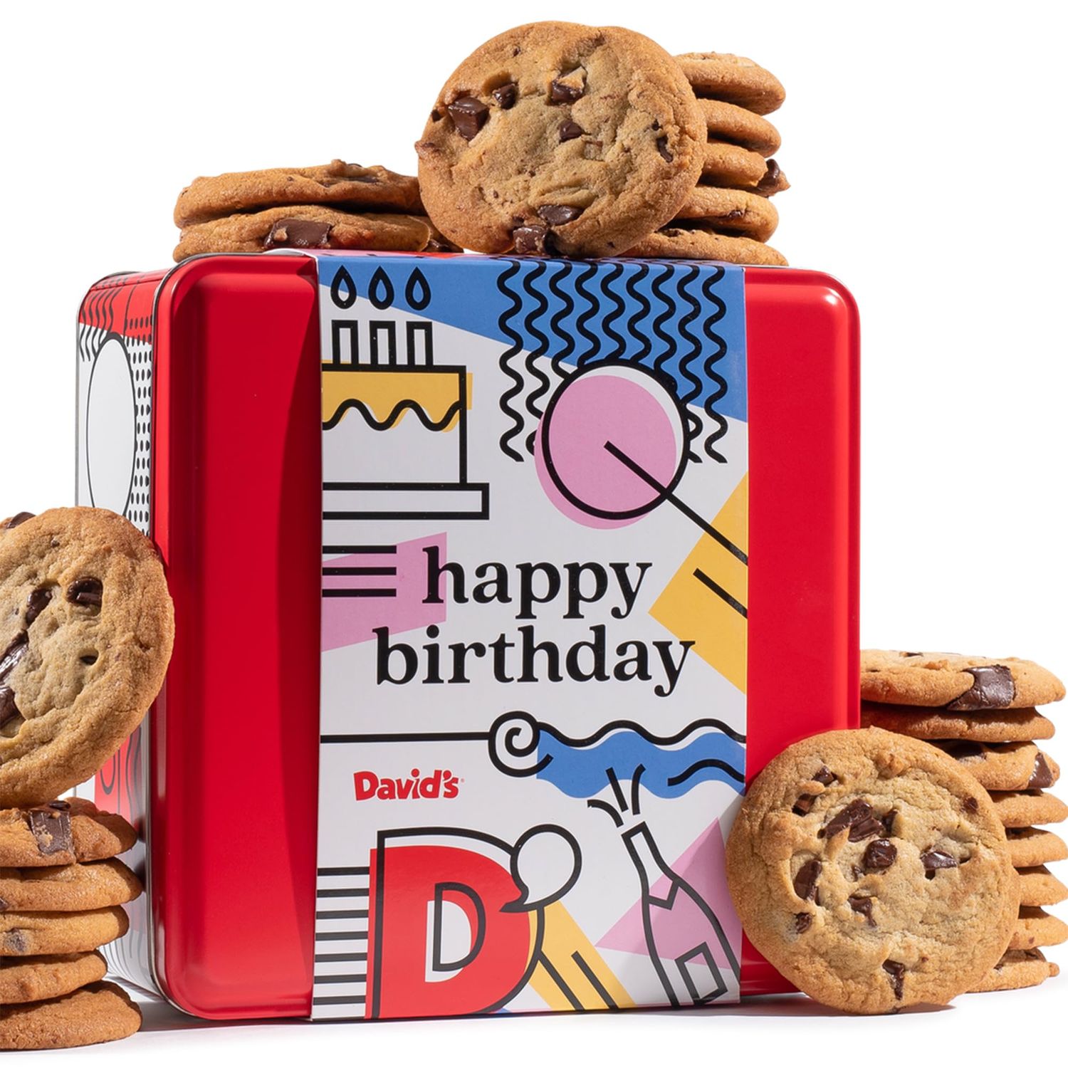 David&#39;s Cookies Happy Birthday Chocolate Chunk Cookies Tin 2lbs - Handmade and Fresh Baked Gourmet Cookie Gift Basket - Delectable &amp; Made with Premium Ingredients - Ideal Birthday Food Gift For All