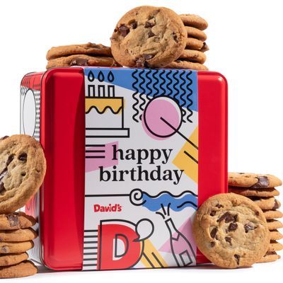 David&#39;s Cookies Happy Birthday Chocolate Chunk Cookies Tin 2lbs - Handmade and Fresh Baked Gourmet Cookie Gift Basket - Delectable &amp; Made with Premium Ingredients - Ideal Birthday Food Gift For All