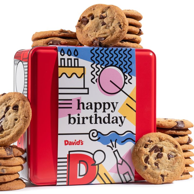 David's Cookies Happy Birthday Chocolate Chunk Cookies Tin 2lbs - Handmade and Fresh Baked Gourmet Cookie Gift Basket - Delectable &amp; Made with Premium Ingredients - Ideal Birthday Food Gift For All