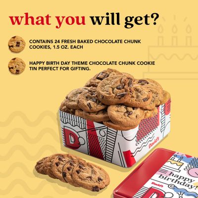 David's Cookies Happy Birthday Chocolate Chunk Cookies Tin 2lbs - Handmade and Fresh Baked Gourmet Cookie Gift Basket - Delectable &amp; Made with Premium Ingredients - Ideal Birthday Food Gift For All