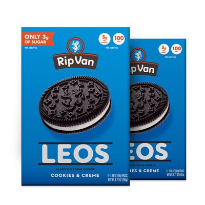 Rip Van LEOs - Cookies and Cream Sandwich - Low Sugar &amp; Low Carb Snack - Diabetic &amp; Vegan Snacks - 32 2 x 6.77oz packs