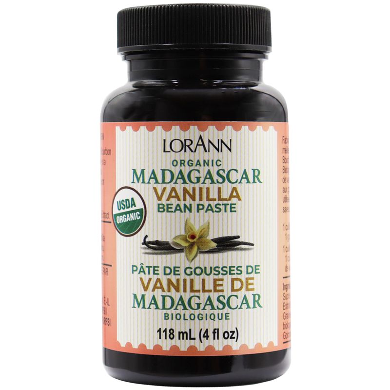 LorAnn Organic Pure Madagascar Vanilla Bean Paste 4oz 118ml - Rich Flavor, Real Seeds, Ideal for Baking, Desserts, Cooking, Pure Madagascar Bourbon Vanilla, Gluten-Free, Non-GMO