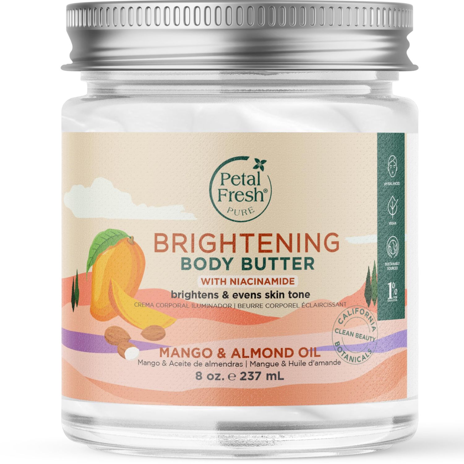 Petal Fresh Pure Brightening Mango &amp; Almond Oil Body Butter with Niacinamide, Shea Butter, Promotes Collagen, For All Skin Types, Vegan and Cruelty Free, Non-Greasy, 8 oz - MADE IN USA