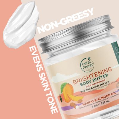 Petal Fresh Pure Brightening Mango & Almond Oil Body Butter with Niacinamide, Shea Butter, Promotes Collagen, For All Skin Types, Vegan and Cruelty Free, Non-Greasy, 8 oz - MADE IN USA
