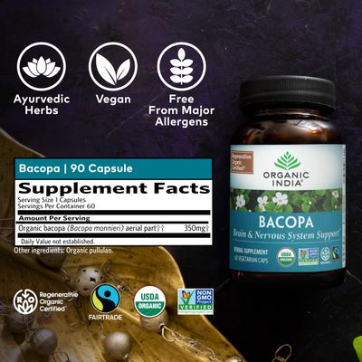 ORGANIC INDIA Bacopa Supplement - Bacopa Monnieri Organic, Brain, Focus, & Memory Support for Women & Men, Ayurvedic Herbs, Non GMO, Fairtrade Certified - 60 Vegan Capsules