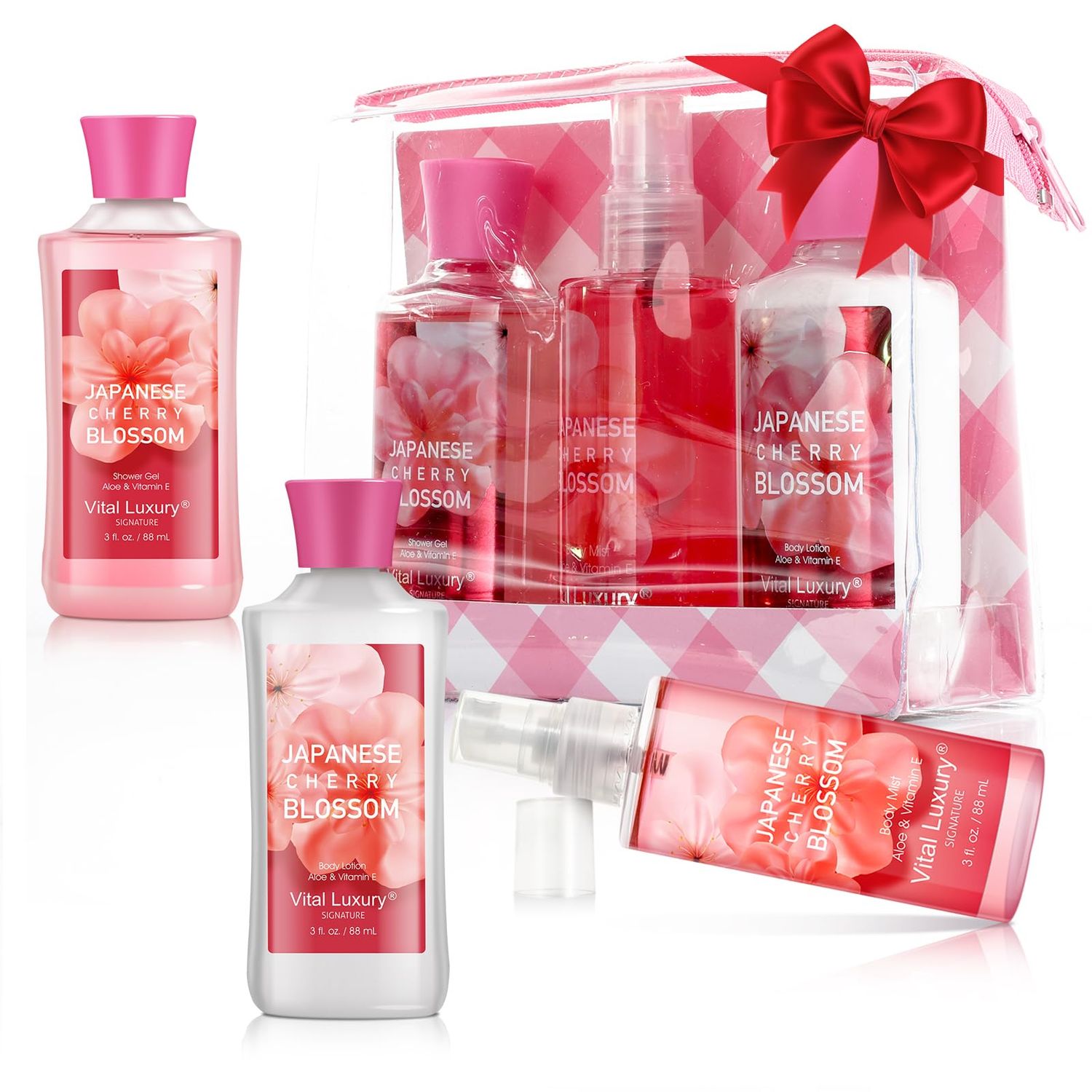 BBlove Cherry Blossom Spa Gift Set, Bath and Body Care Collection,3-Piece Travel Set with Shower Gel, Lotion, Body Mist