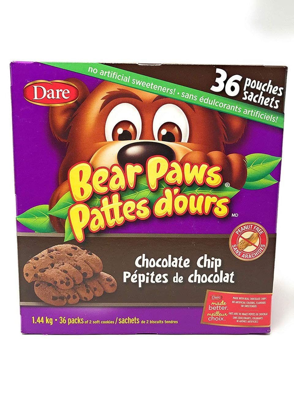 Dare Bear Paws Chocolate Chip Cookies, 36packs, 1.44kg3.2lbs