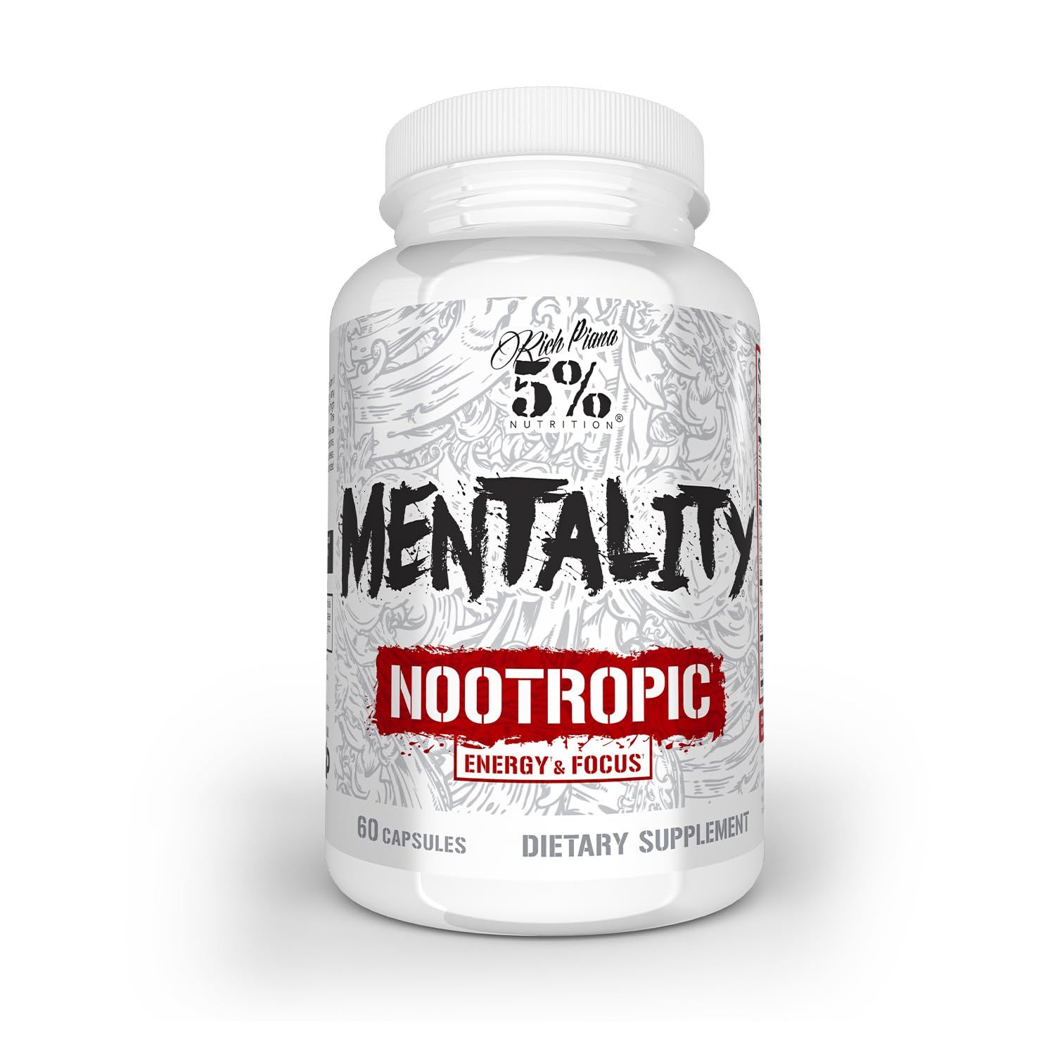 5 Nutrition Rich Piana Mentality Nootropic Blend Brain Booster Supplement for Performance, Memory, Mental Clarity Ginseng, Ginkgo, L-Theanine, Choline, Huperzine, 60 Capsules 30 Day Supply