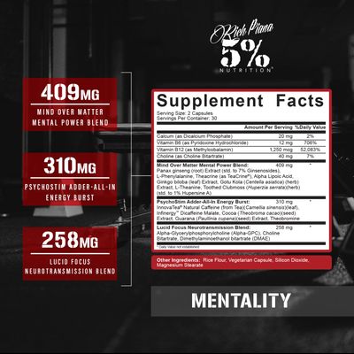5 Nutrition Rich Piana Mentality Nootropic Blend Brain Booster Supplement for Performance, Memory, Mental Clarity Ginseng, Ginkgo, L-Theanine, Choline, Huperzine, 60 Capsules 30 Day Supply