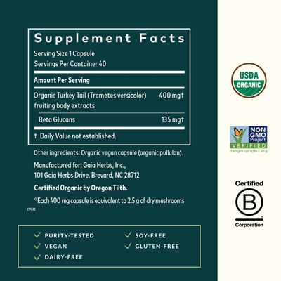 Gaia Herbs Turkey Tail Mushroom - Immune Support Supplement to Help Maintain Liver Health - with Organic Turkey Tail Mushroom Fruiting Body Extract - 40 Vegan Capsules