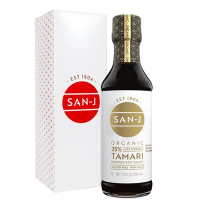 San-J - Organic Gluten Free Tamari Soy Sauce with 25 Less Sodium - Specially Brewed - Made with 100 Whole Soy - 10 oz. Bottle