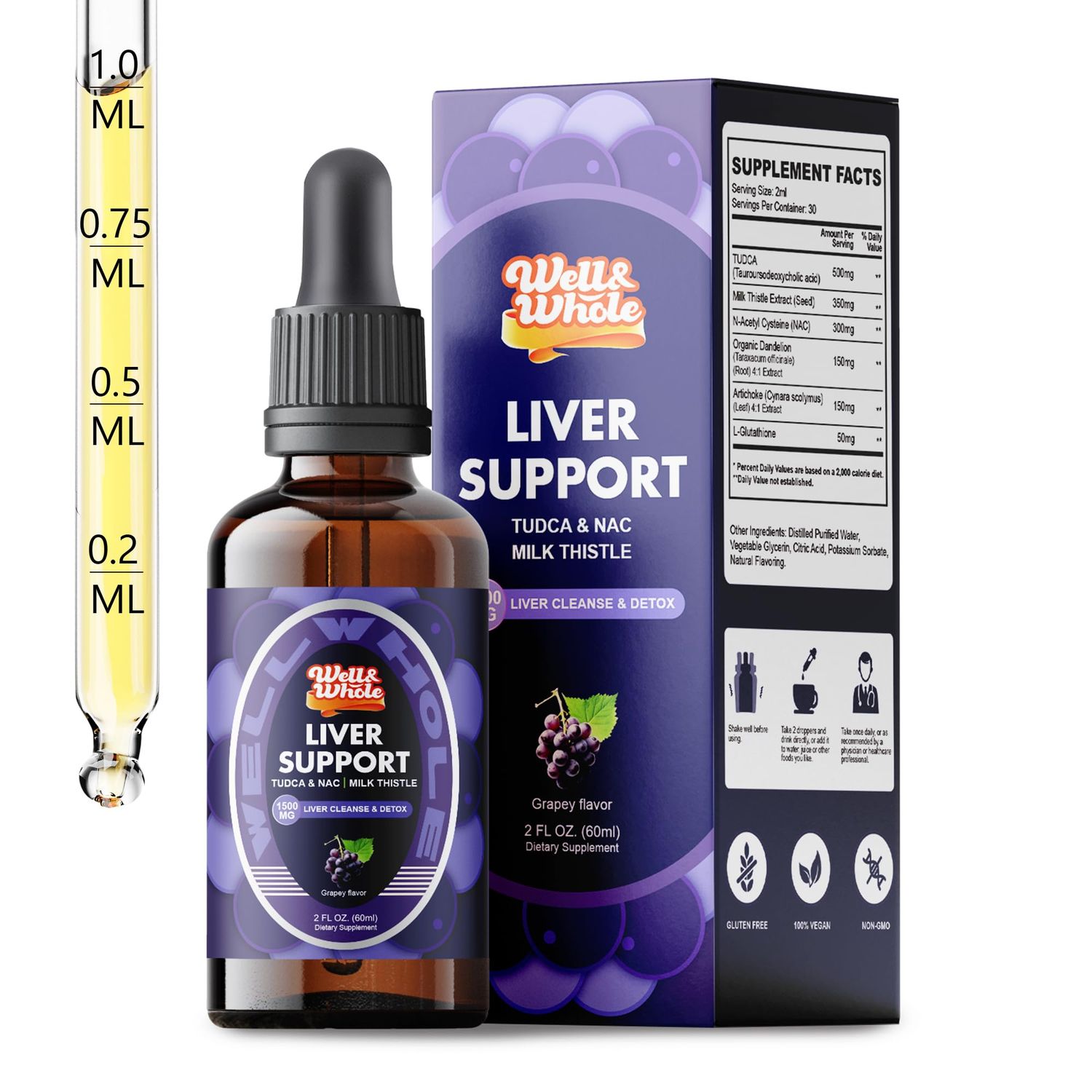 Liver Support Liquid Drops Supplement TUDCA Drops Liver Clease &amp; Detox with Milk Thistle, NAC, Dandelion, Artichoke &amp; Glutathione for Detox, Bile Flow, and Digestive Health Vegan &amp; Non-GMO 60ML