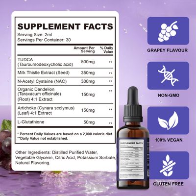 Liver Support Liquid Drops Supplement TUDCA Drops Liver Clease &amp; Detox with Milk Thistle, NAC, Dandelion, Artichoke &amp; Glutathione for Detox, Bile Flow, and Digestive Health Vegan &amp; Non-GMO 60ML
