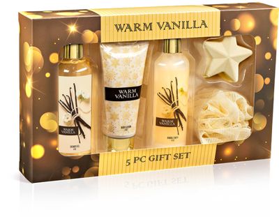 Freida &amp; Joe Fragrance Bath &amp; Body Collection Gift Box, Includes Shower Gel, Body Lotion, Body Scrub, Bath Bomb &amp; Sponge Warm Vanilla 2.0