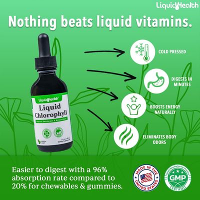 LIQUIDHEALTH Liquid Chlorophyll Drops - Internal Deodorizer, Antioxidants, Liver Detox, Immune Support, Relieve Bad Breath, Reduce Appetite, Collagen for Hair &amp; Skin Health - Vegan, Non-GMO 2 Pack