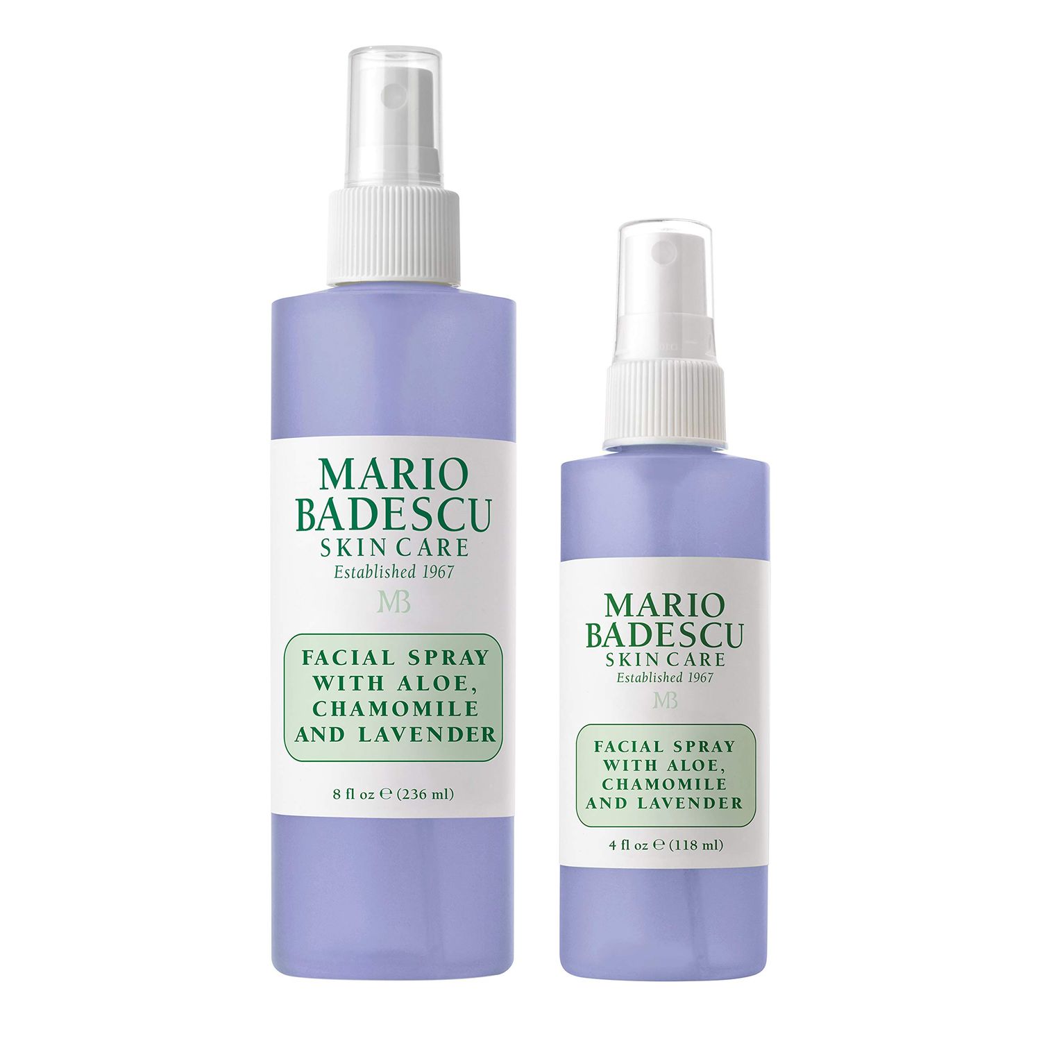 Mario Badescu Facial Spray with Aloe, Chamomile and Lavender for All Skin Types Face Mist that Hydrates and Restores Balance &amp; Brightness 8 FL OZ &amp; 4 FL OZ Combo