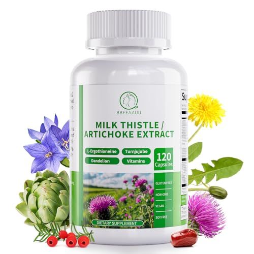 Milk Thistle Supplement, Liver Cleanse Detox &amp; Repair Formula, 16-in-1 Herbal Liver Support Pill with Artichoke, L-Ergothioneine, Turnjujube Dandelion Extract for Liver &amp; Antioxidant 120 Capsules
