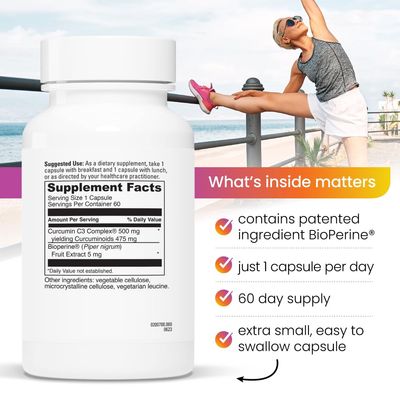Turmeric Curcumin Supplement 60 Servings - Supports Joint Health BioPerine Black Pepper Extract with 500mg Capsules, Curcuminoids 475mg Helps Liver Function, Digestion & Better Absorption