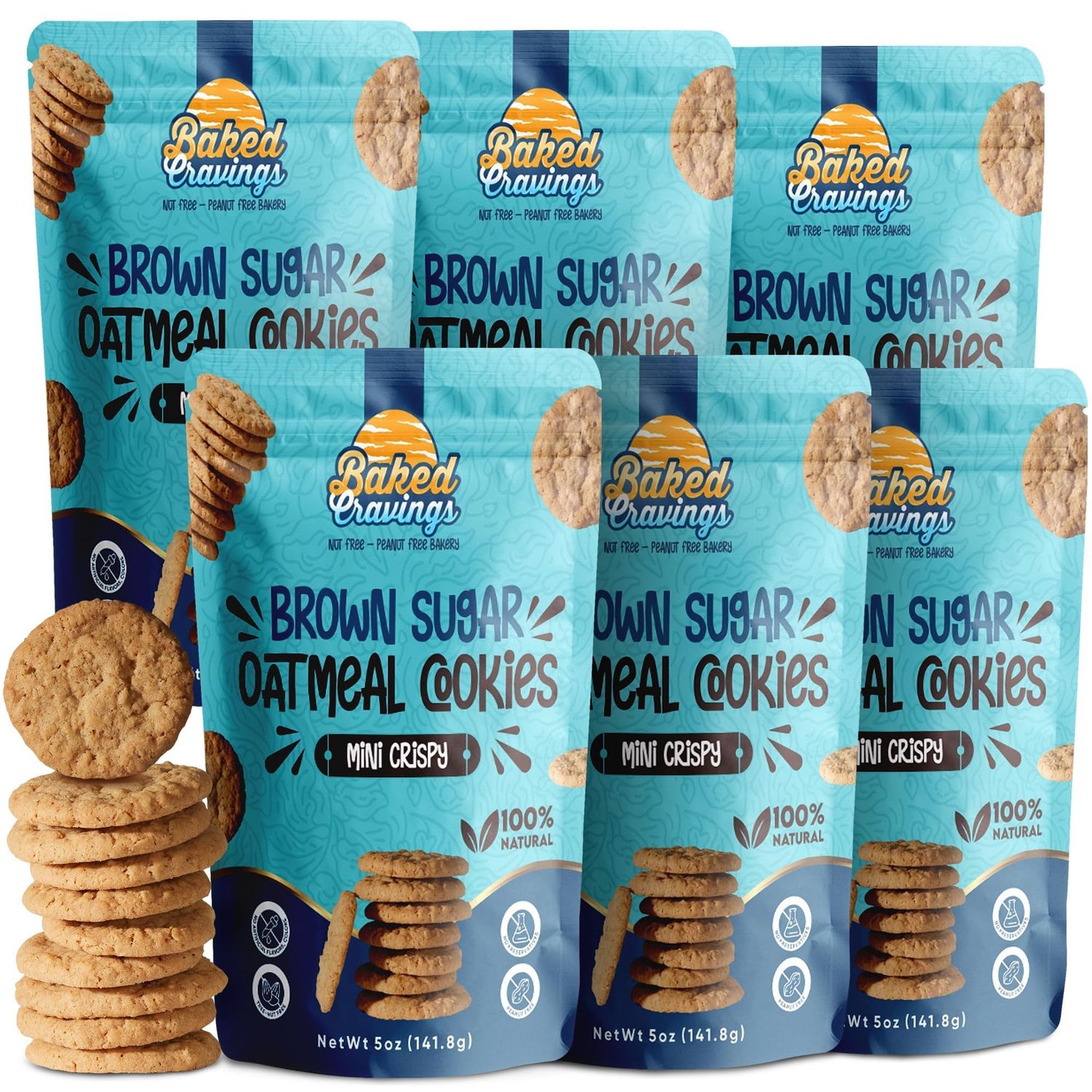 Baked Cravings Crisp Brown Sugar Oatmeal Cookies Snack 6 bags 24 in 1 100 Natural and Crispy Nut-Free &amp; Peanut-Free Bakery - No Preservatives, No Artificial Flavors &amp; Colors - UltimateMini Crisp
