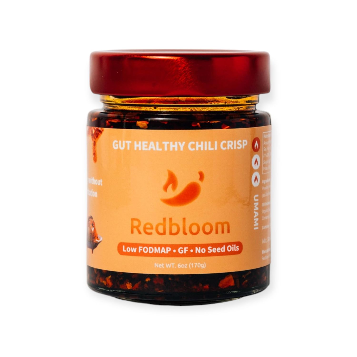 Redbloom Gut-Healthy Chili Crisp - Organic Chili Oil, No Seed Oils, Low-Fodmap, Vegan, Crunchy Hot Sauce, Good on Everything, 6oz Pack of 1 - Mild Umami