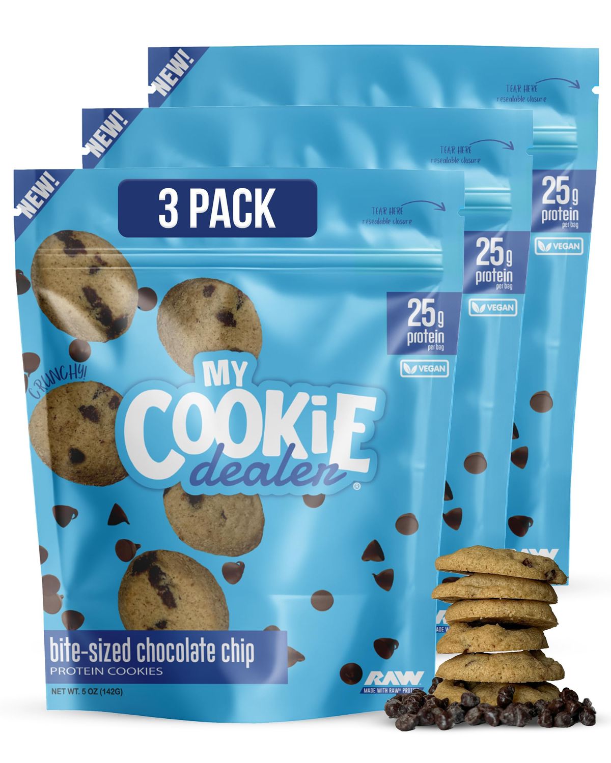 My Cookie Dealer Protein Cookies, Bite-Sized Crunchy Chocolate Chip 5oz, Pack of 3 - 25g Protein per Bag - Individually Wrapped Workout Snacks for On-The-Go Travel, Vegan