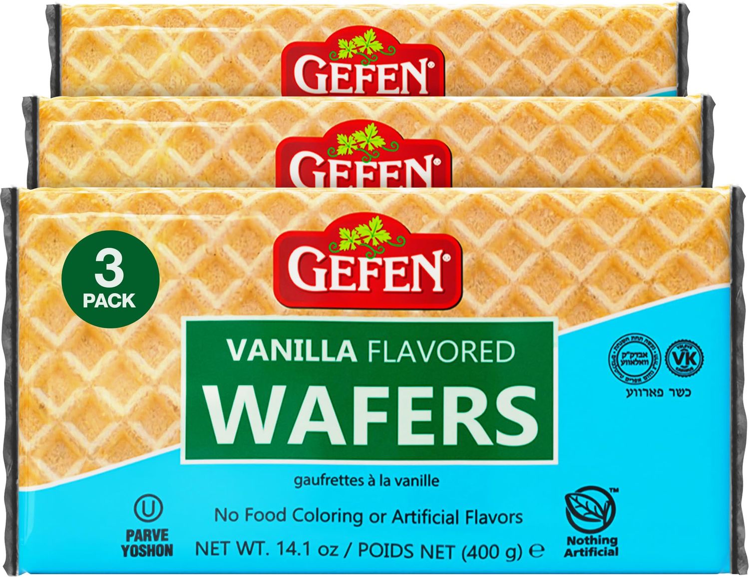 Gefen Vanilla Wafers, 14oz 3 Pack - 30 Wafers Each Vanilla Flavored Wafer Cookie Nothing Artificial Crunchy &amp; Delicious Kosher